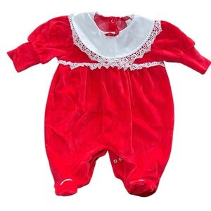 Little Me Vintage Red Velvet Footie with Lace and White Collar